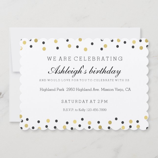 Chic Black and Gold Confetti birthday Invitation (Front)