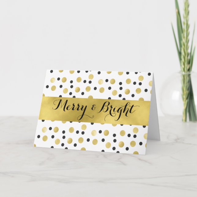 Chic Black and Gold Confetti Merry and Bright Holiday Card (Front)