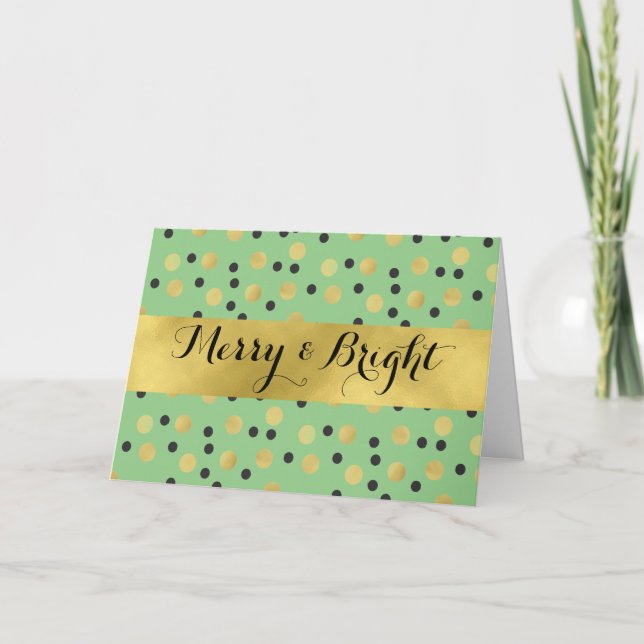 Chic Black and Gold Confetti Merry and Bright Mint Holiday Card (Front)
