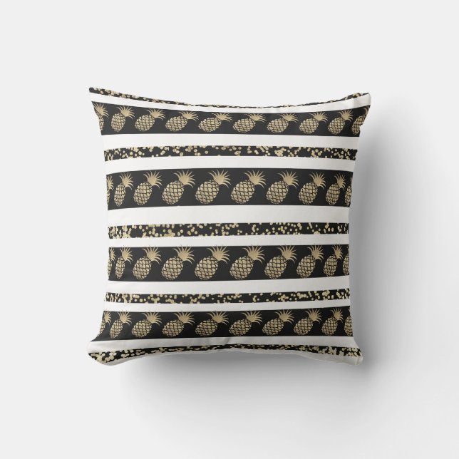 Chic black and gold confetti pineapple stripes cushion (Front)