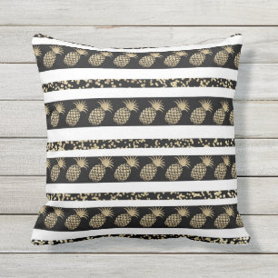 Chic black and gold confetti pineapple stripes cushion