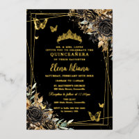 Chic Black and Gold Floral Butterflies Quinceañera
