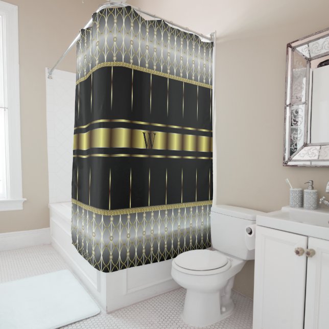 Chic Black And Gold Geometric Monogrammed Shower Curtain (In Situ)
