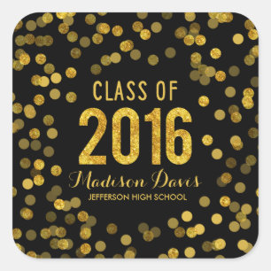 Chic Black and Gold Glitter Graduation Square Sticker