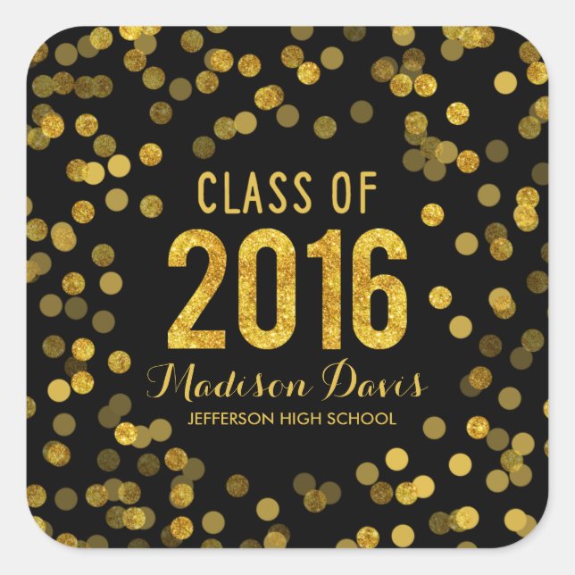 Chic Black and Gold Glitter Graduation Square Sticker (Front)