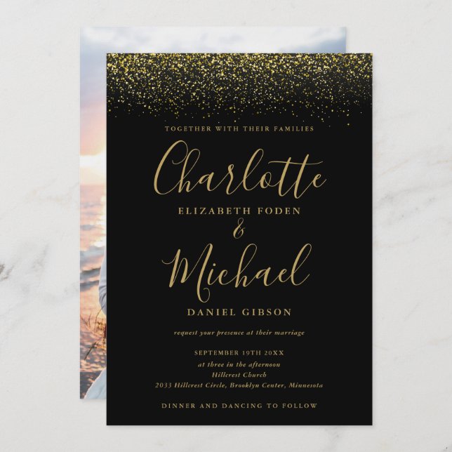 Chic Black And Gold Glitter Script Photo Wedding Invitation (Front/Back)
