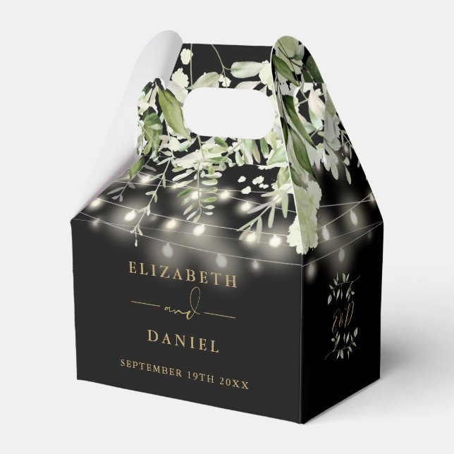 Chic Black And Gold Greenery String Lights Wedding Favour Box (Front Side)