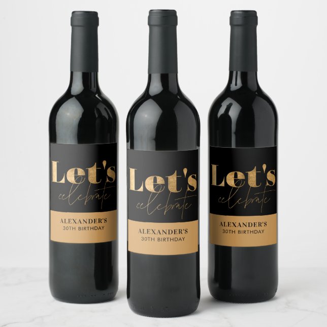 Chic Black and Gold Let's celebrate Birthday  Wine Label (Bottles)