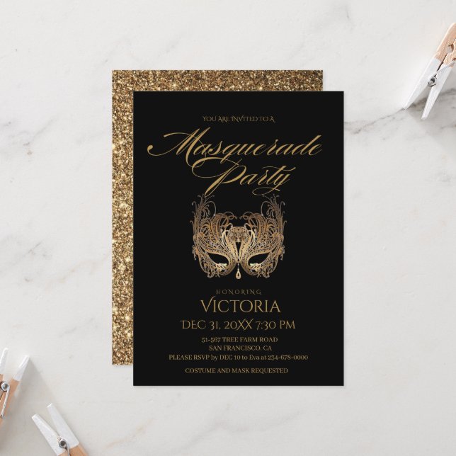 Chic Black and Gold Masquerade Party Birthday Invitation (Front/Back In Situ)