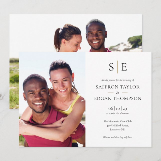 Chic Black And Gold Monogram 2 Photo Wedding Invitation (Front/Back)