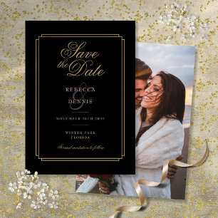 Chic Black and Gold Script Art Deco Photo Wedding Save The Date