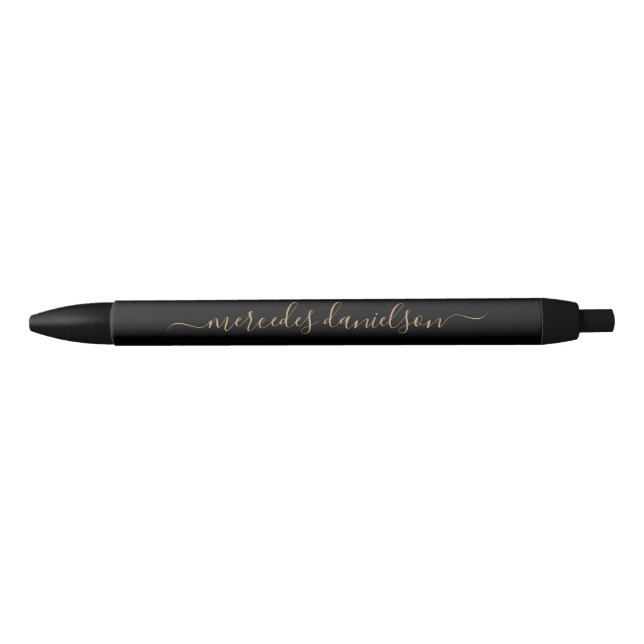 Chic Black and Gold Script Floral Monogram  Black Ink Pen (Front)
