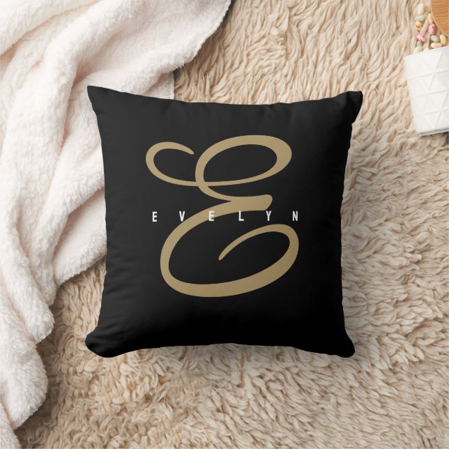 Chic Black and Gold Script Monogram Cushion (Blanket)