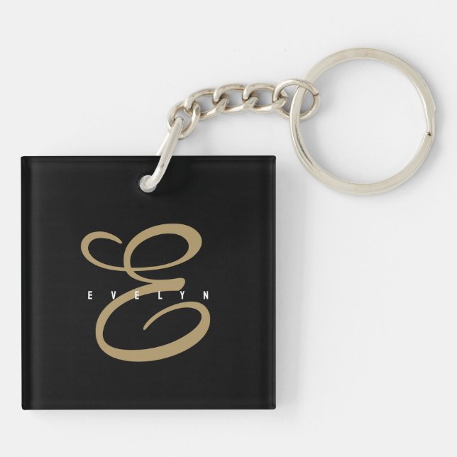 Chic Black and Gold Script Monogram Key Ring (Back)