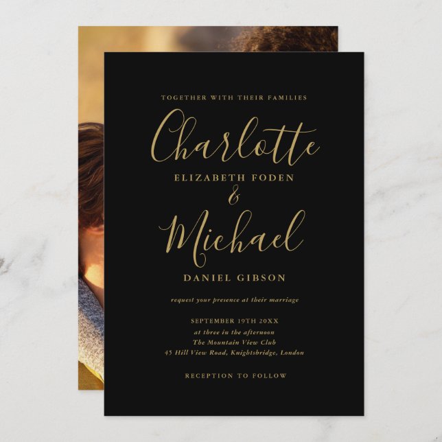 Chic Black And Gold Signature Script Photo Wedding Invitation (Front/Back)