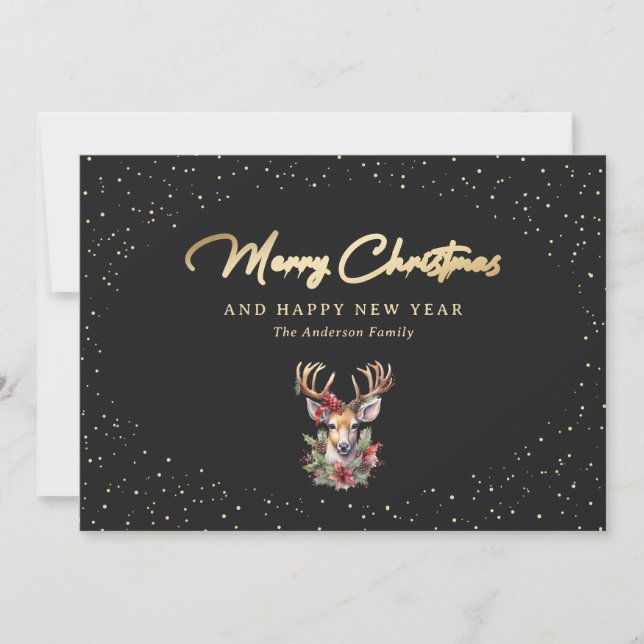 Chic Black and Gold Snow Reindeer Merry Christmas Holiday Card (Front)