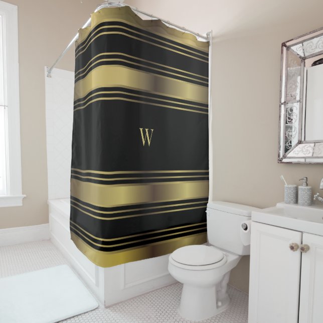 Chic Black And Gold Stripes Monogrammed Shower Curtain (In Situ)