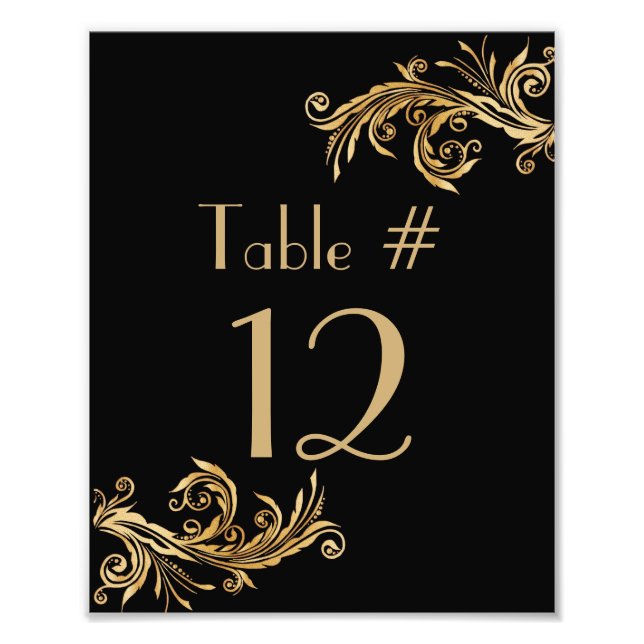 Chic Black and Gold Tone Wedding Table Number Photo Print (Front)