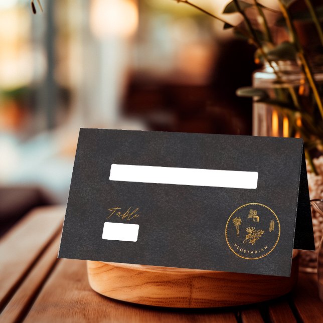 Chic Black and Gold Vegetarian Wedding Food Choice Place Card (Creator Uploaded)