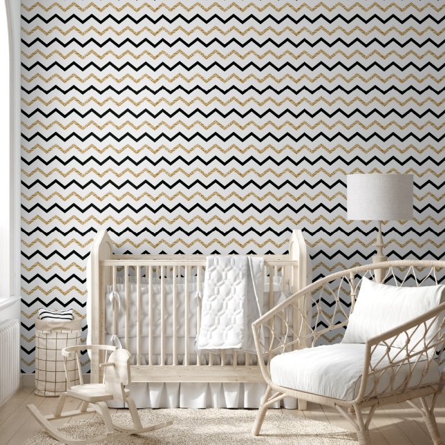 Chic Black and Gold Zigzag Line Patterns Wallpaper (Kids)