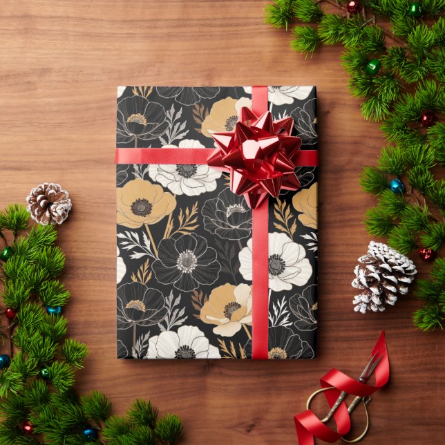 Chic Black and Mustard Anemones Wrapping Paper (Holiday Gift)