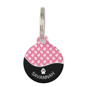 Chic Black And Pink Dog Paws Pattern & Name Pet Tag