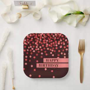 Chic Black and Red Confetti Happy Birthday Paper Plate
