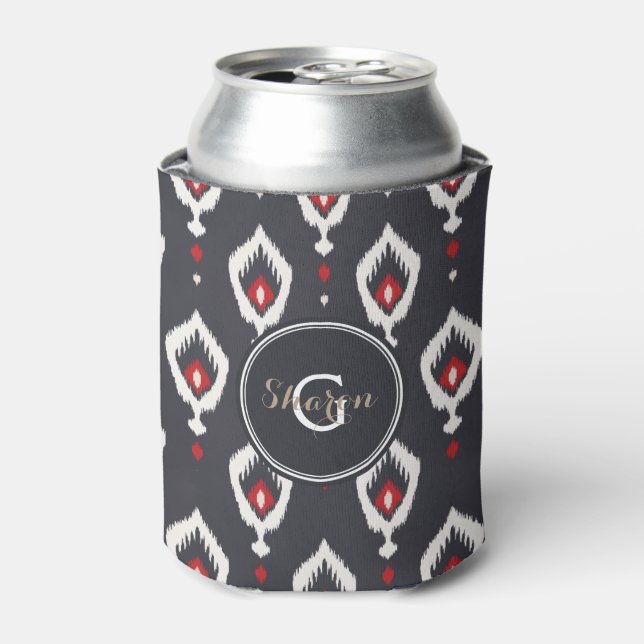 Chic black and red ikat tribal pattern monogram can cooler (Can Front)