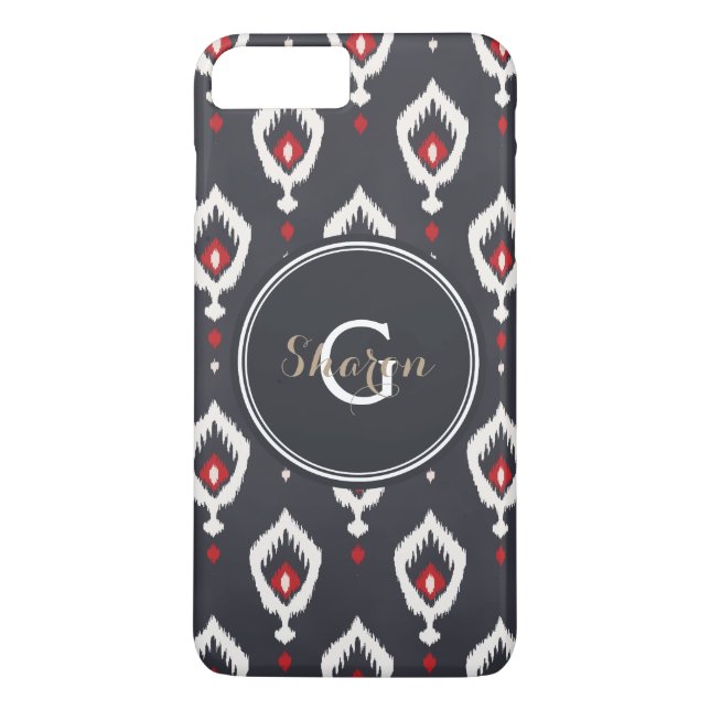 Chic black and red ikat tribal pattern monogram Case-Mate iPhone case (Back)