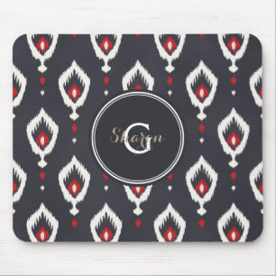 Chic black and red ikat tribal pattern monogram mouse mat