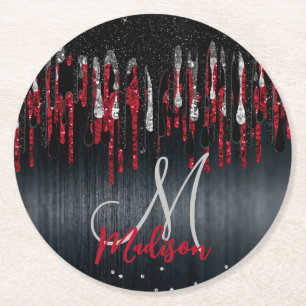 Chic black and red silver glitter drips monogram p round paper coaster