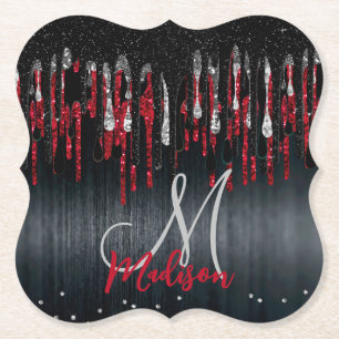 Chic black and red silver glitter drips monogram paper coaster