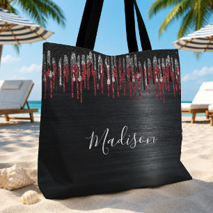 Chic black and red silver glitter drips monogram tote bag