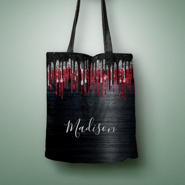 Chic black and red silver glitter drips monogram tote bag (Creator Uploaded)