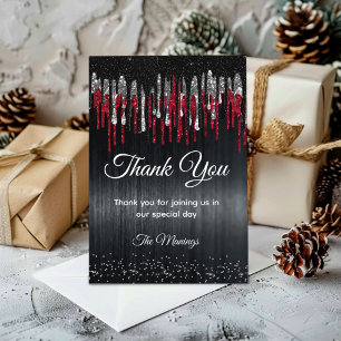 Chic black and red silver glitter drips thank you  card