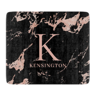 Chic Black and Rose Gold Foil Marble Monogram Cutting Board