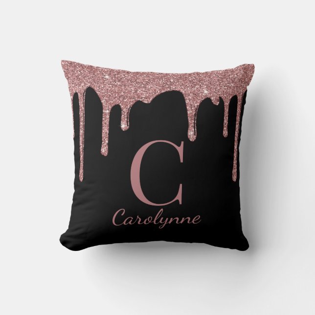 Chic Black and Rose Gold Glitter Drips Monogram Cushion (Front)