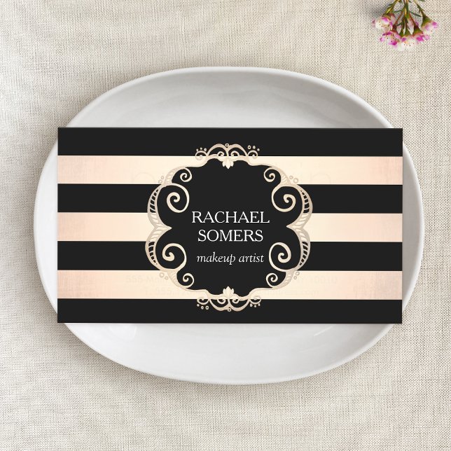 Chic Black and Rose Gold Striped Beauty - no shine Business Card (Creator Uploaded)