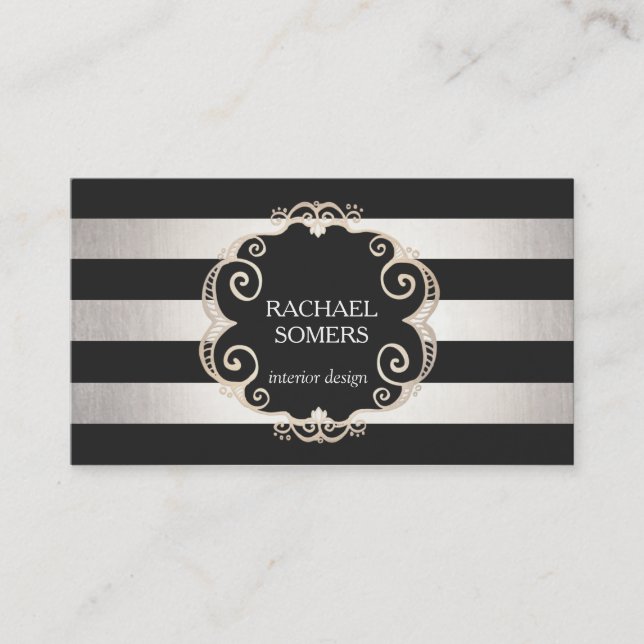 Chic Black and Silver Striped Designer (no shine) Business Card (Front)