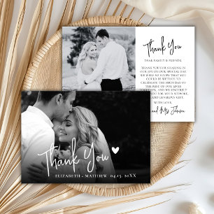 Chic Black and White 2 Photo Script Wedding  Thank You Card