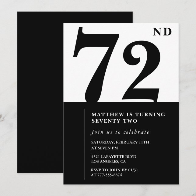 Chic Black and White 72nd birthday invitation (Front/Back)