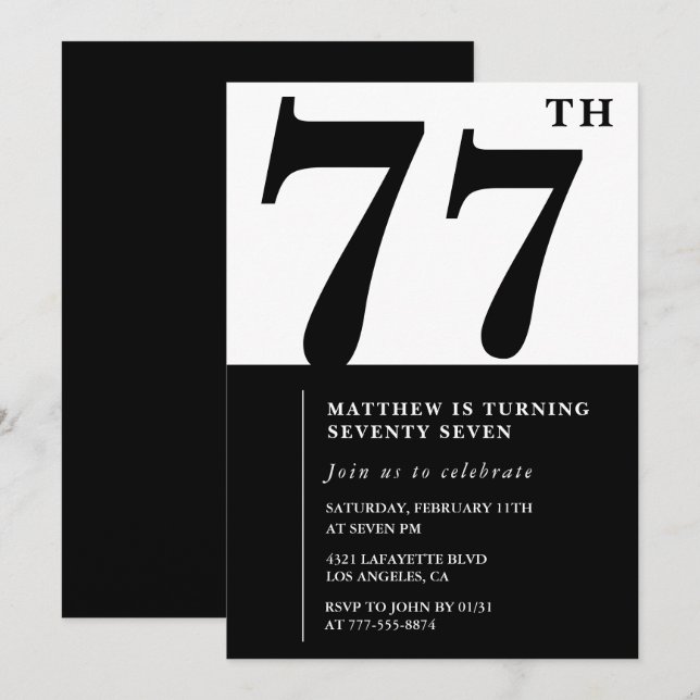 Chic Black and White 77th birthday invitation (Front/Back)