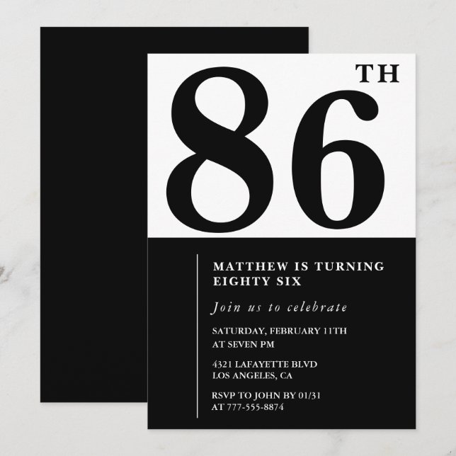 Chic Black and White 86th birthday invitation (Front/Back)