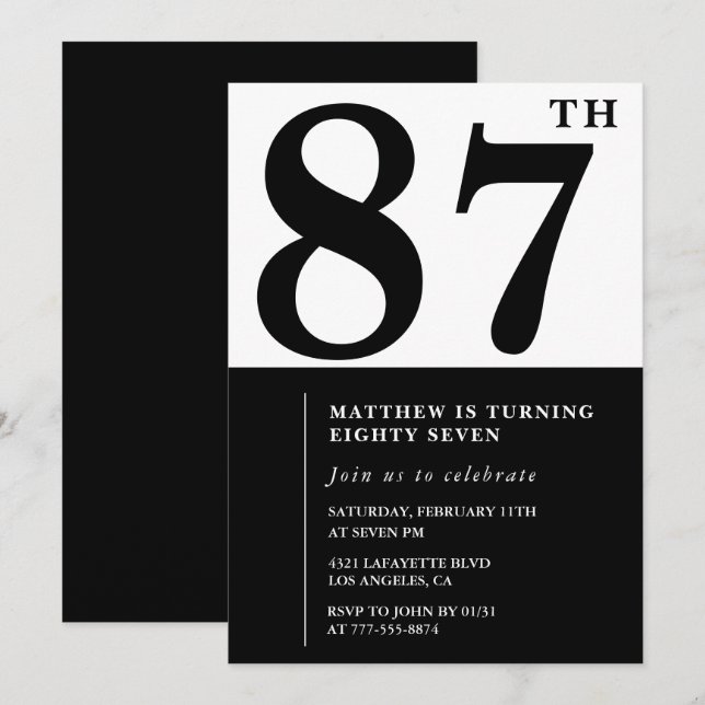 Chic Black and White 87th birthday invitation (Front/Back)