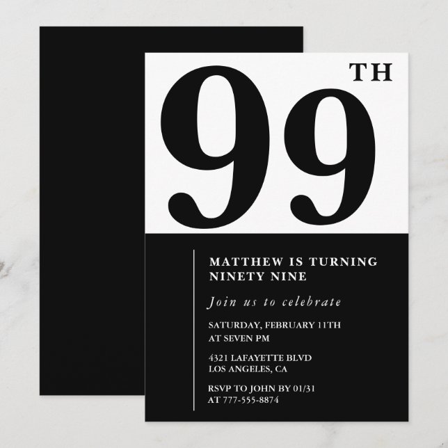 Chic Black and White 99th birthday invitation (Front/Back)