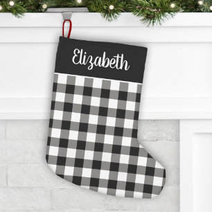 Chic Black and White Buffalo Plaid Script Name Small Christmas Stocking
