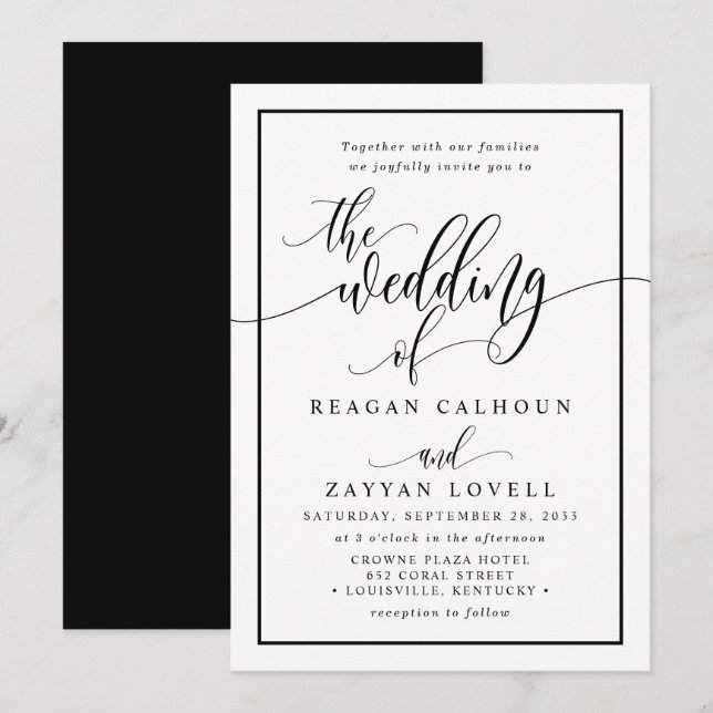Chic Black And White Calligraphy Script Wedding In Invitation (Front/Back)