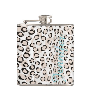 Chic black and white cheetah print monogram hip flask