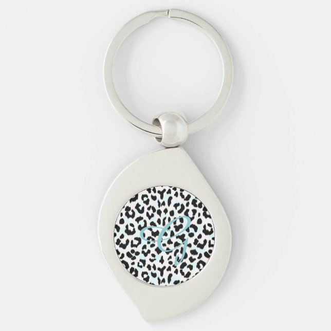 Chic black and white cheetah print monogram key ring (Front)