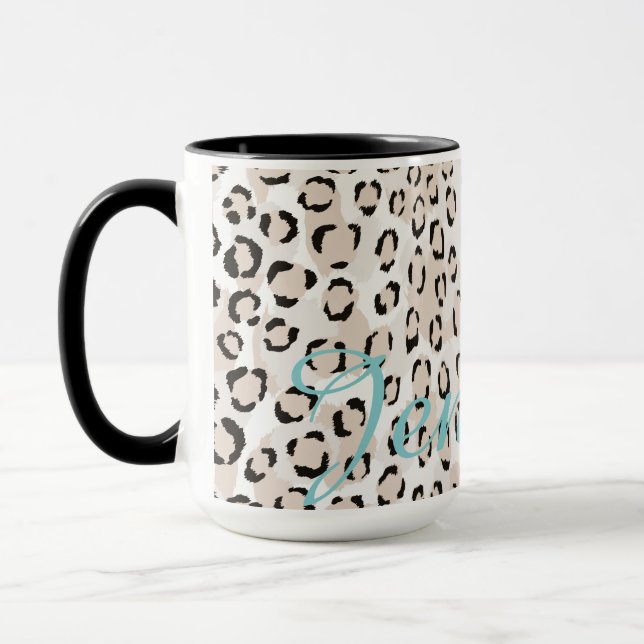 Chic black and white cheetah print monogram mug (Left)